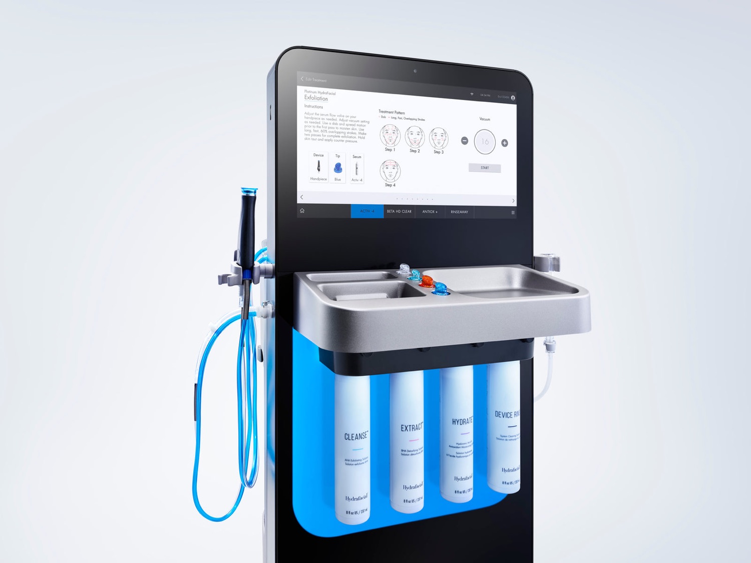 The Hydrafacial Syndeo device with touchscreen and personalized serum bottles