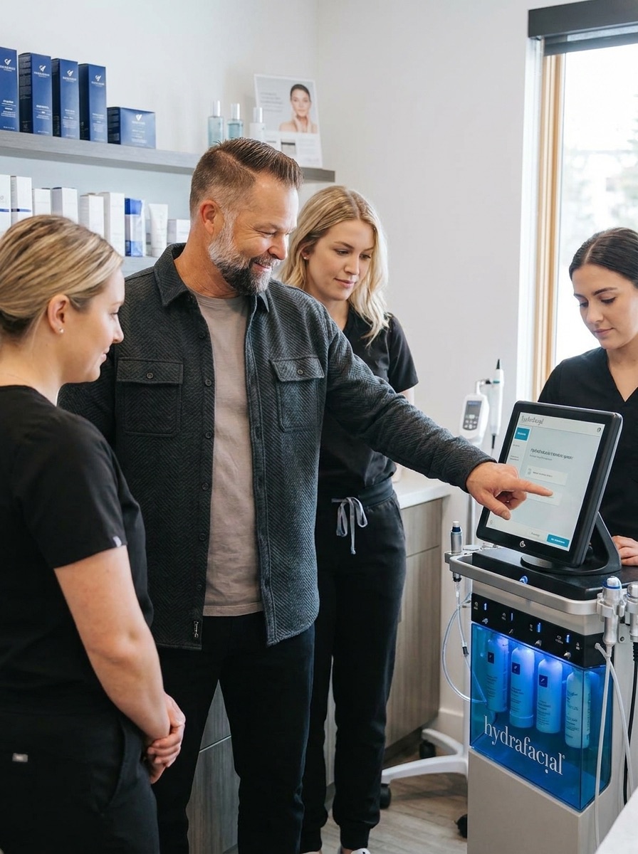 Travis Doman demonstrating the Hydrafacial Syndeo device to a med spa team