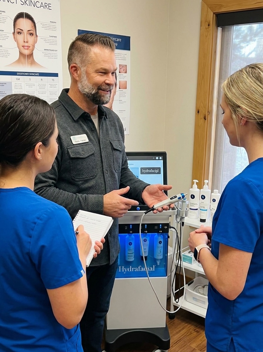 Travis training practice staff on the Hydrafacial handpiece